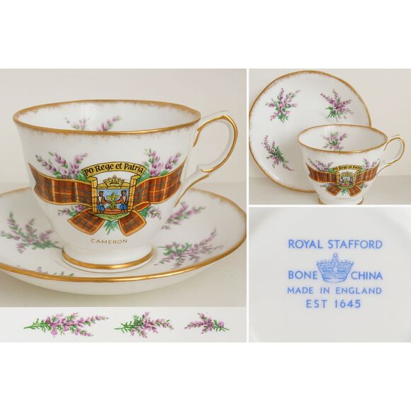 Royal Stafford Cameron Clan Tartan Crest Teacup & Saucer Gold Trim Scotland - Picture 1 of 5